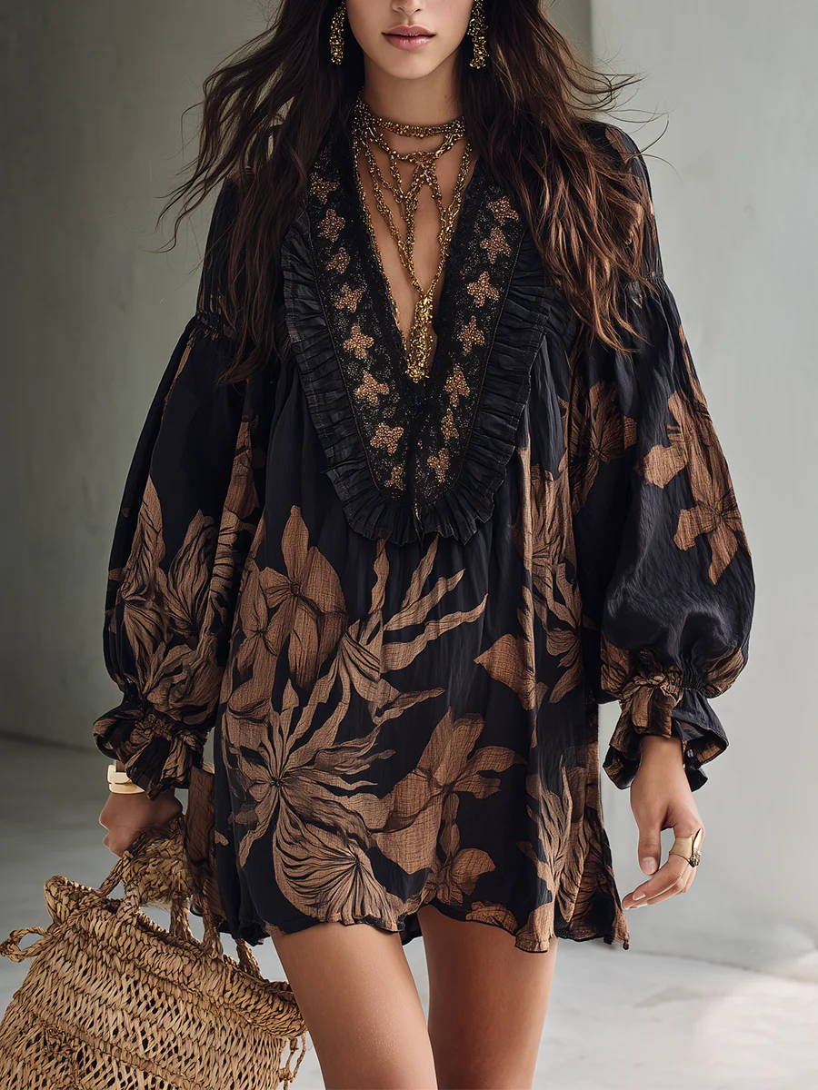 Effortless Chic Beaded V-Neck Floral Balloon Sleeve Mini Dress