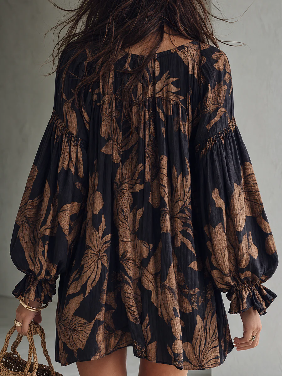 Effortless Chic Beaded V-Neck Floral Balloon Sleeve Mini Dress - Image 2