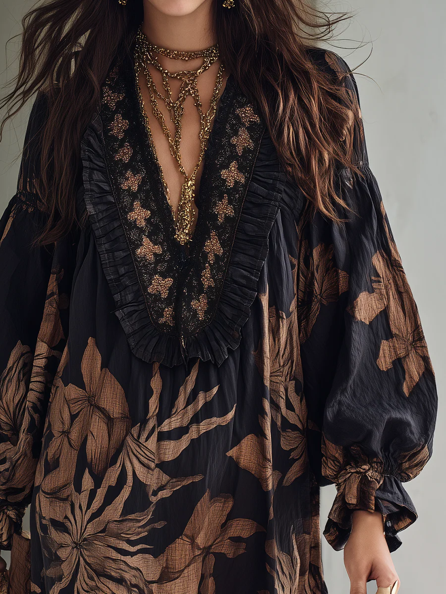 Effortless Chic Beaded V-Neck Floral Balloon Sleeve Mini Dress - Image 3
