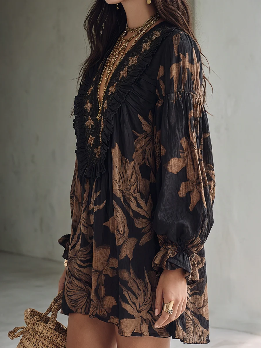 Effortless Chic Beaded V-Neck Floral Balloon Sleeve Mini Dress - Image 4