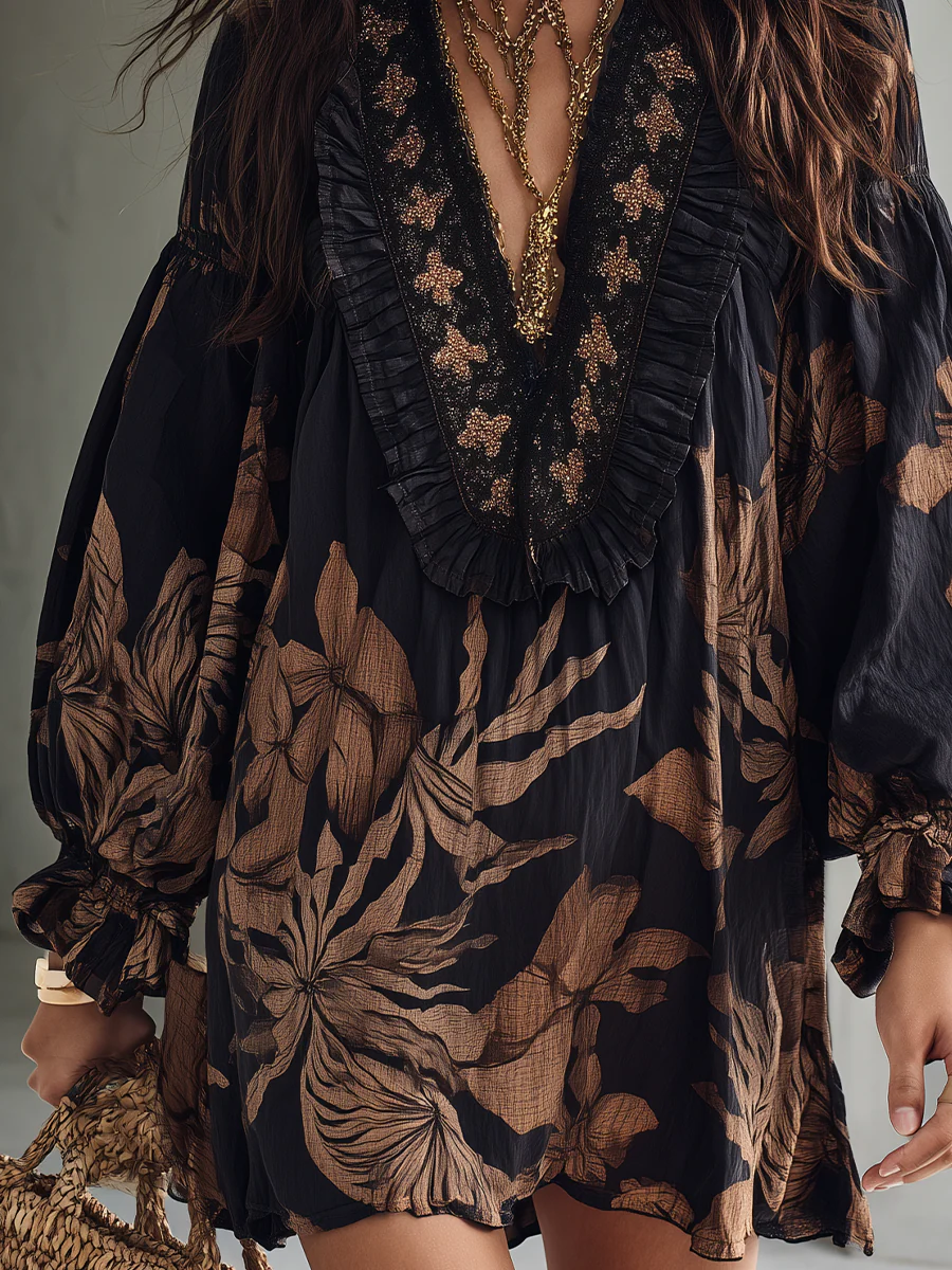 Effortless Chic Beaded V-Neck Floral Balloon Sleeve Mini Dress - Image 5