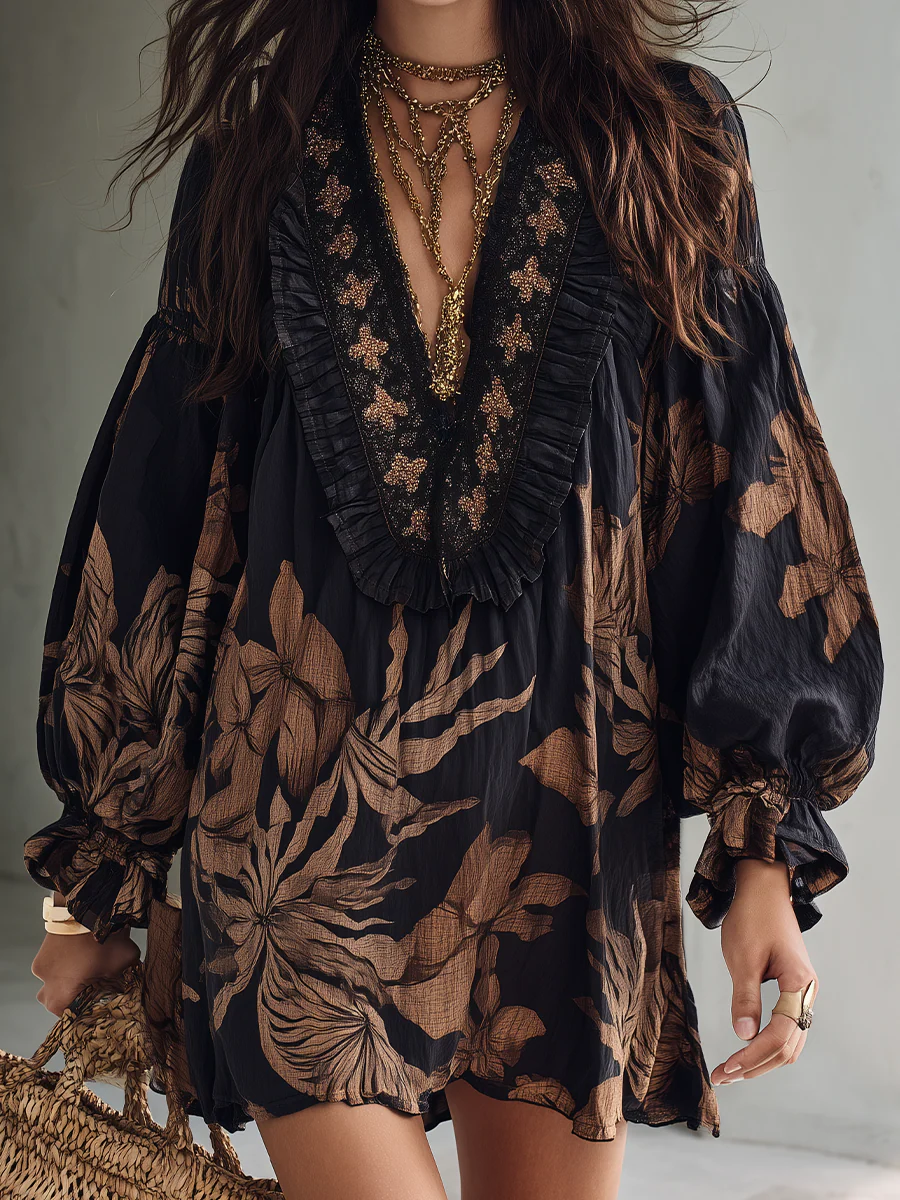 Effortless Chic Beaded V-Neck Floral Balloon Sleeve Mini Dress - Image 6