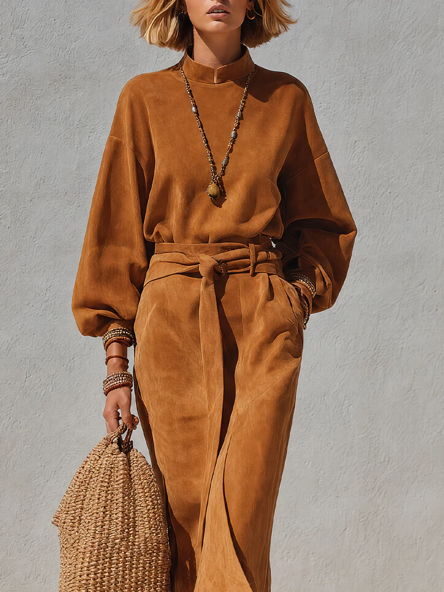 Effortless Chic Caramel Brown Co-Ord Skirt Set - Image 2