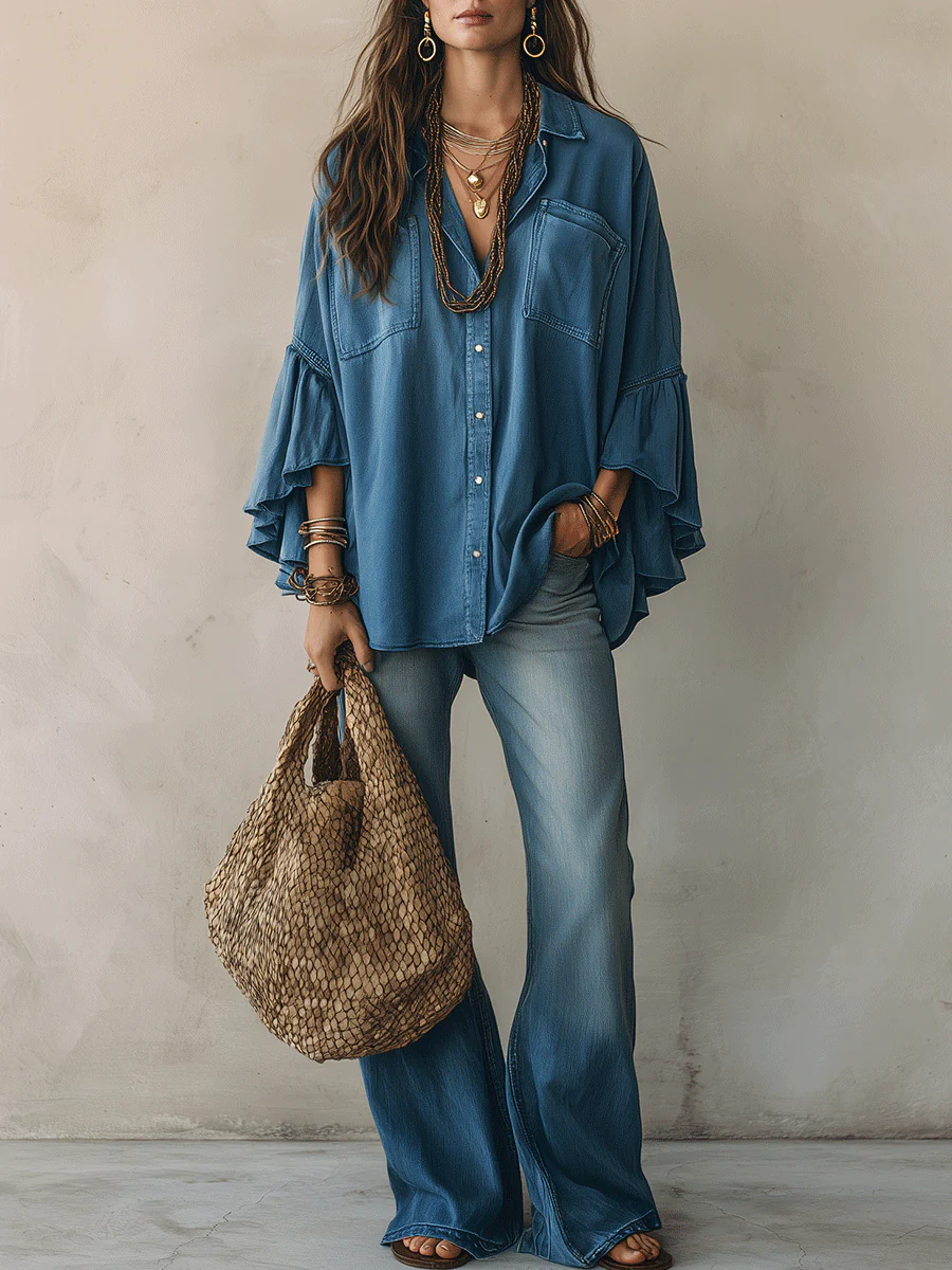 Effortless Chic Chambray Drop-Shoulder Flare-Sleeve Denim Blue Blouse - Image 2