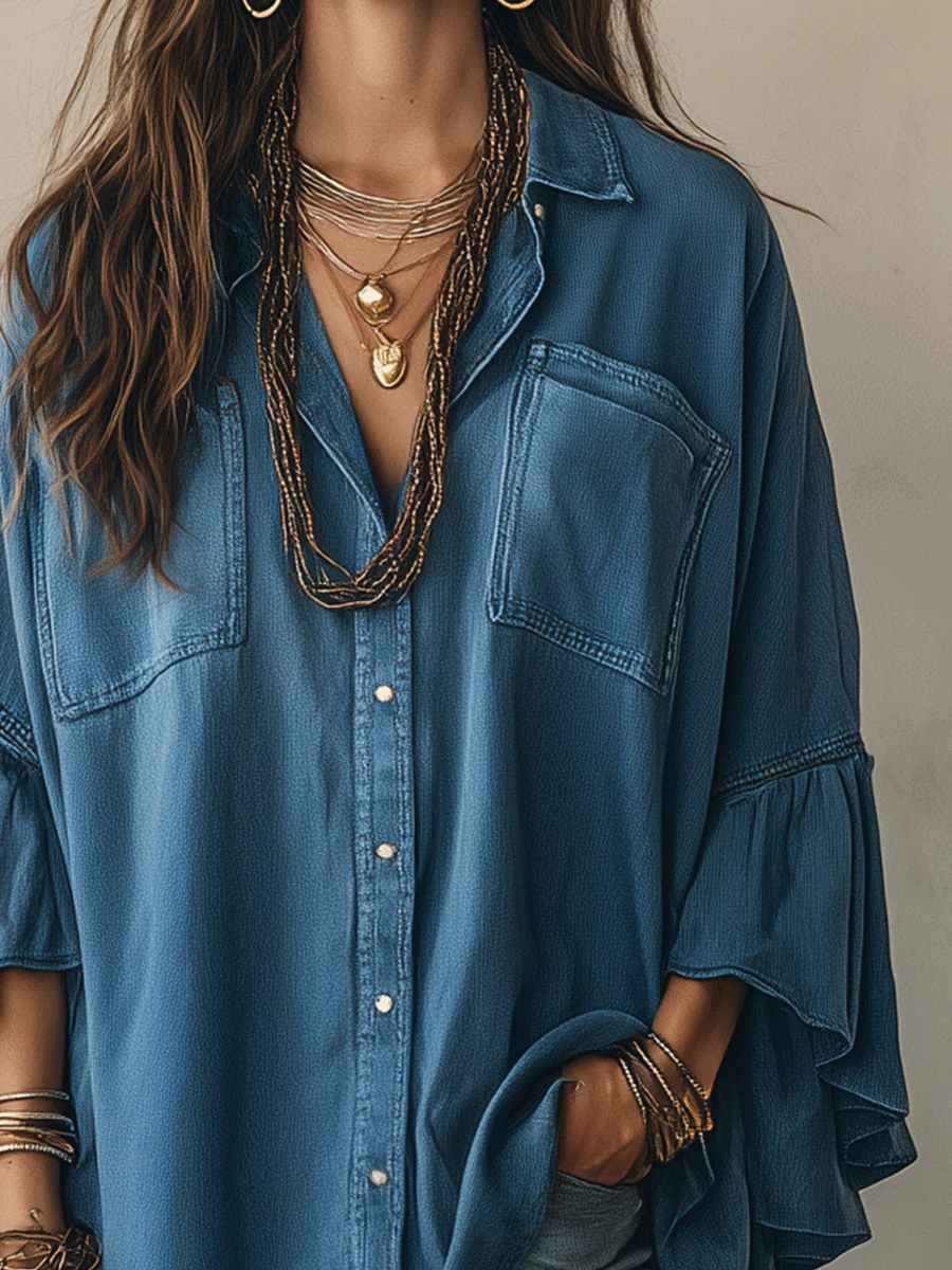 Effortless Chic Chambray Drop-Shoulder Flare-Sleeve Denim Blue Blouse - Image 3
