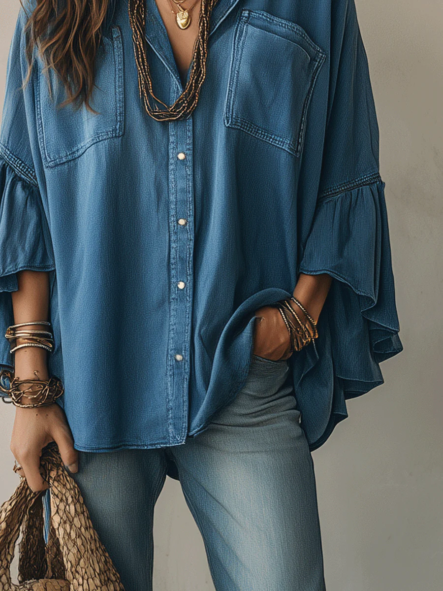 Effortless Chic Chambray Drop-Shoulder Flare-Sleeve Denim Blue Blouse - Image 4