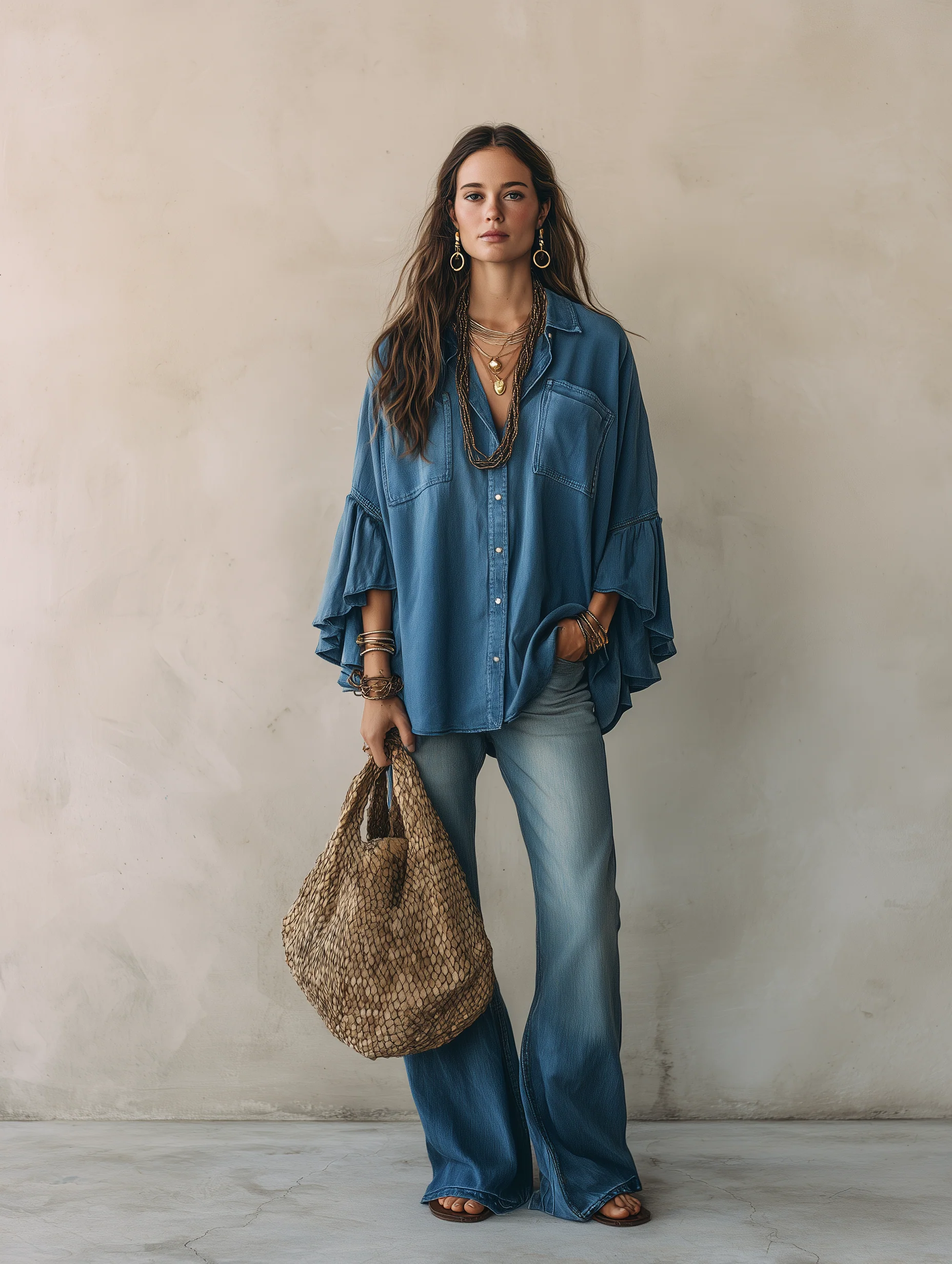 Effortless Chic Chambray Drop-Shoulder Flare-Sleeve Denim Blue Blouse - Image 5