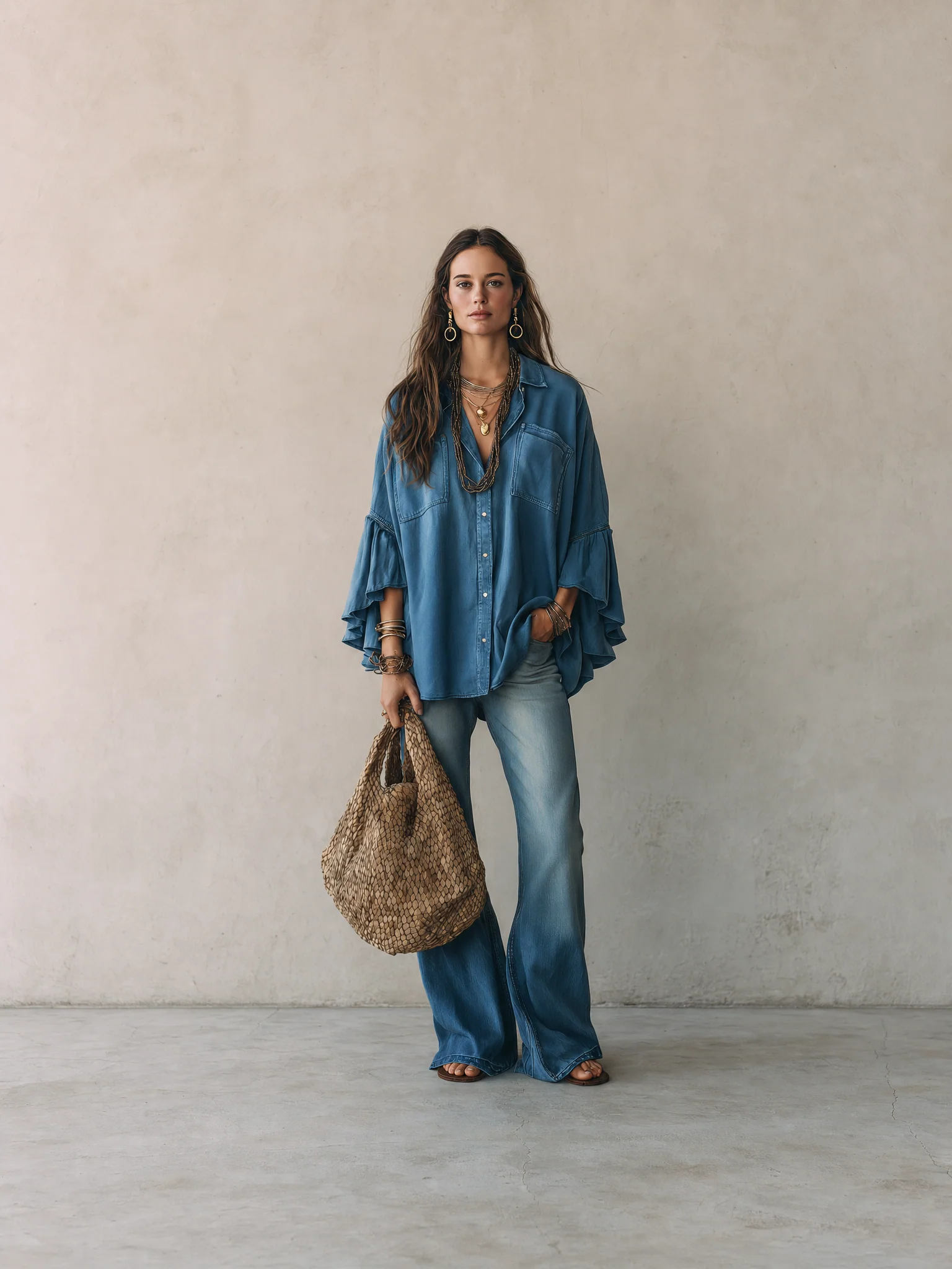 Effortless Chic Chambray Drop-Shoulder Flare-Sleeve Denim Blue Blouse - Image 6