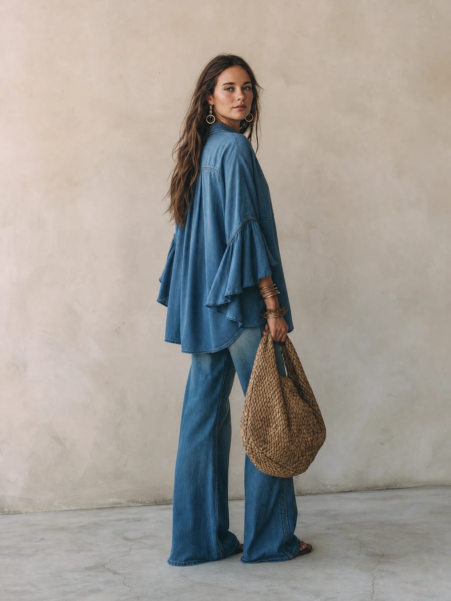 Effortless Chic Chambray Drop-Shoulder Flare-Sleeve Denim Blue Blouse - Image 7