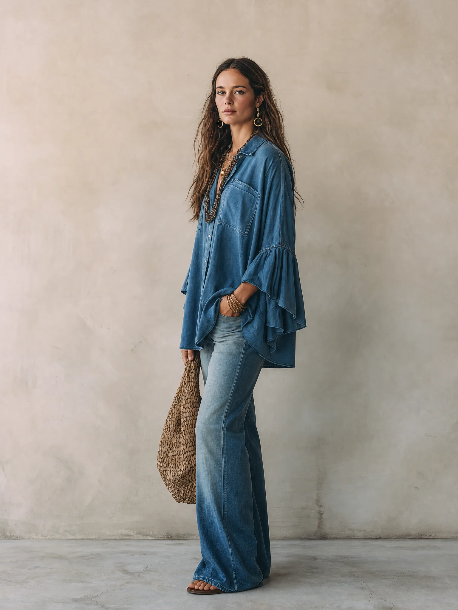 Effortless Chic Chambray Drop-Shoulder Flare-Sleeve Denim Blue Blouse - Image 8