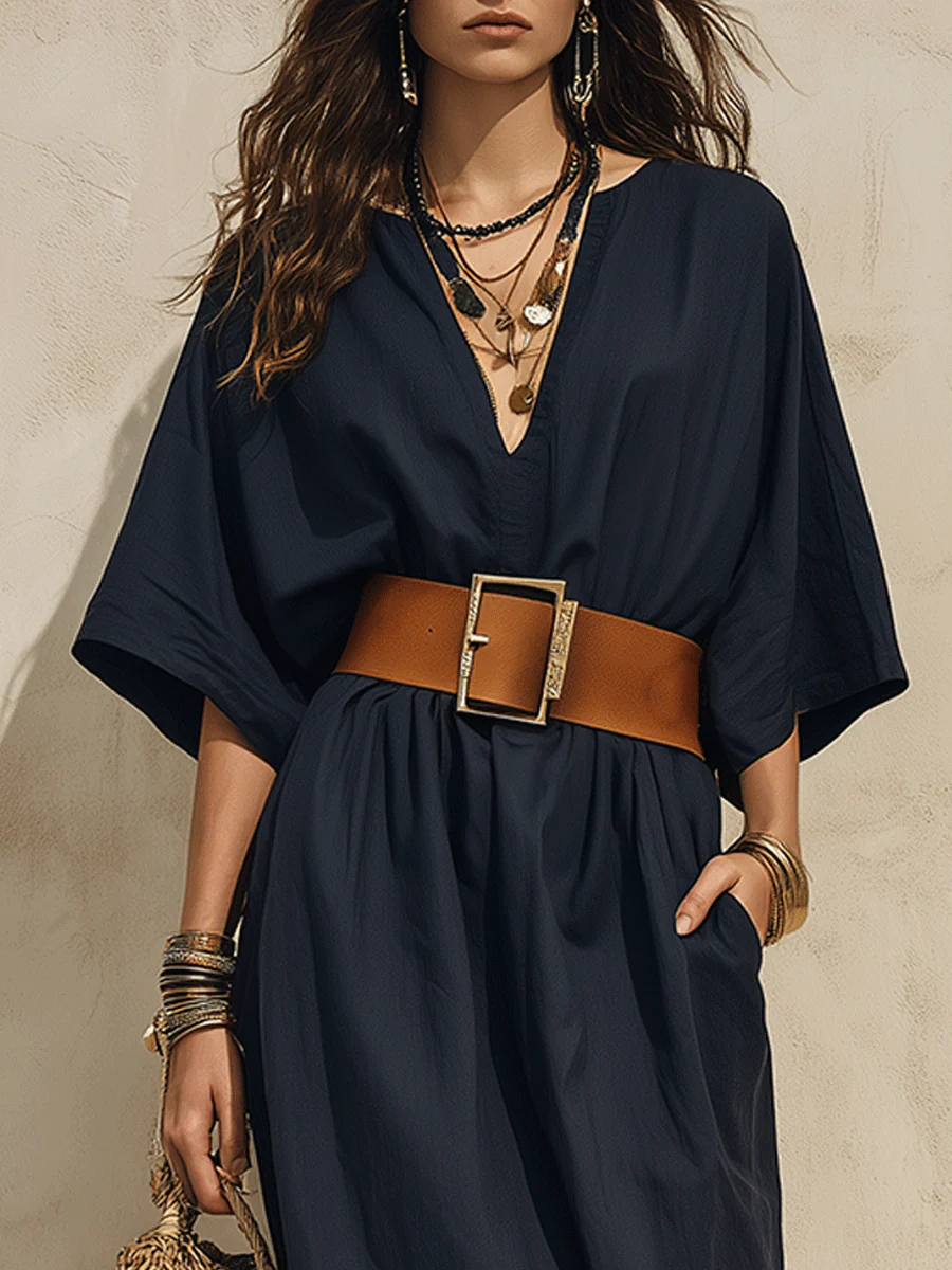 Effortless Chic Cotton-Linen Belted Deep-V Batwing Navy Maxi Dress - Image 2