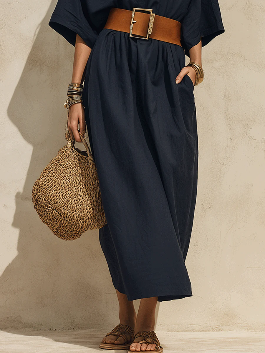 Effortless Chic Cotton-Linen Belted Deep-V Batwing Navy Maxi Dress - Image 3