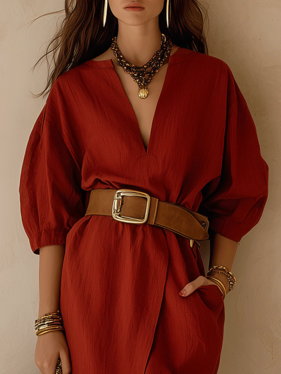 Effortless Chic Cotton-Linen Belted Deep-V Puff-Sleeve Rust Midi Dress - Image 2