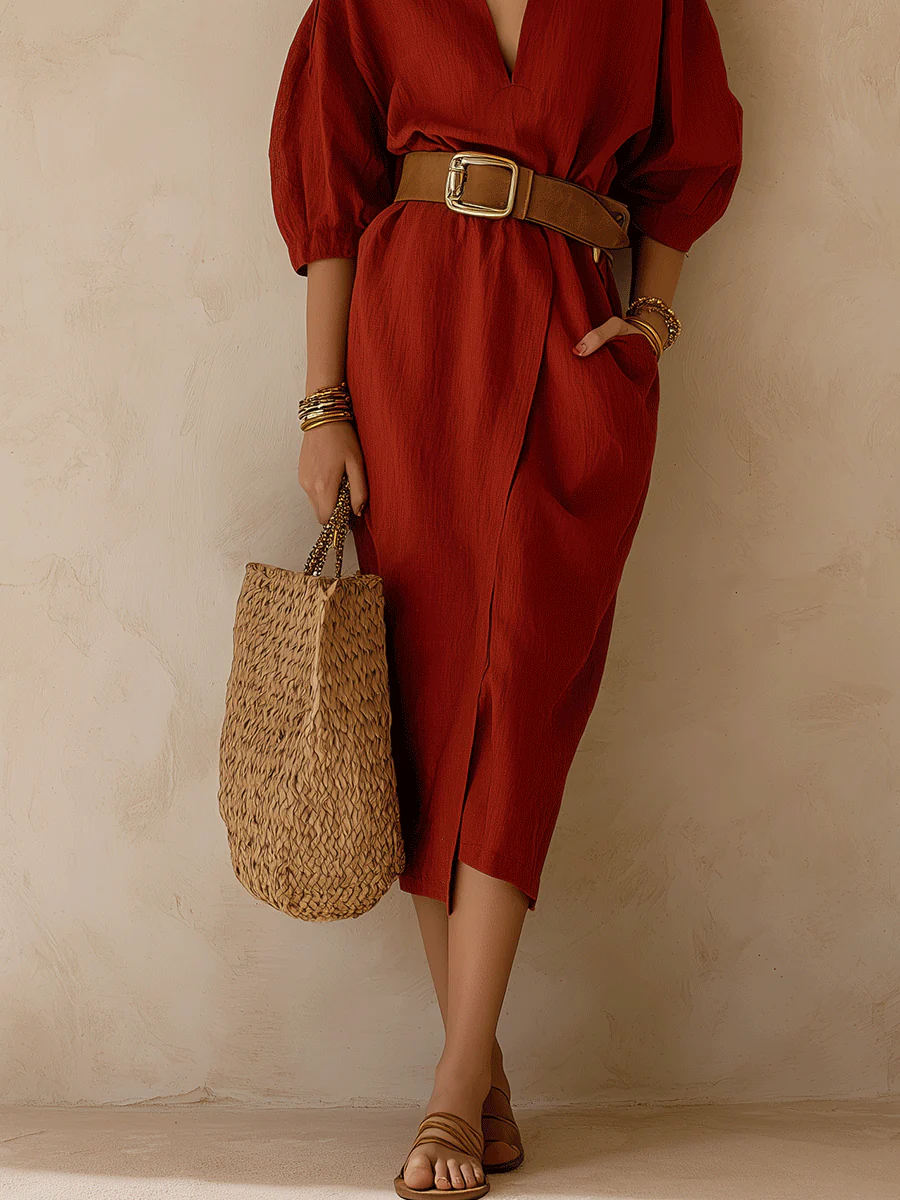 Effortless Chic Cotton-Linen Belted Deep-V Puff-Sleeve Rust Midi Dress - Image 3