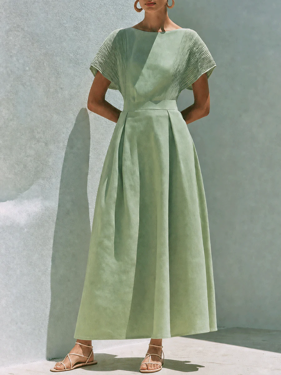 Effortless Chic Cotton-Linen Pleated Boat-Neck Sage Green Maxi Dress