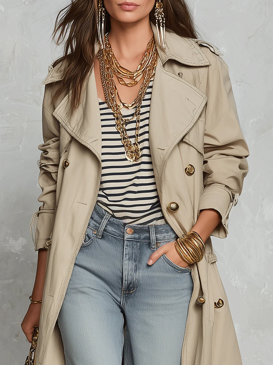 Effortless Chic Cotton-Twill Double-Breasted Belted Khaki Longline Trench Coat - Image 2