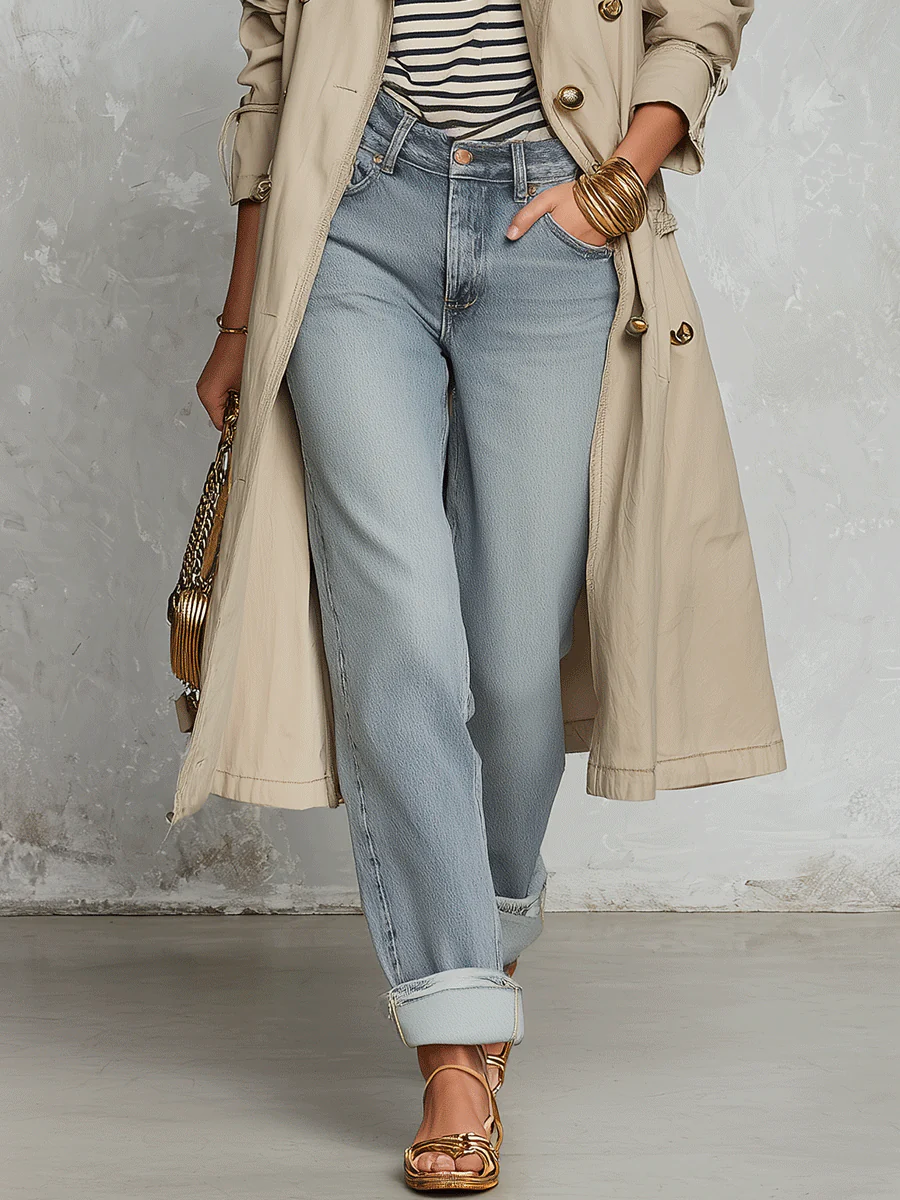 Effortless Chic Cotton-Twill Double-Breasted Belted Khaki Longline Trench Coat - Image 3
