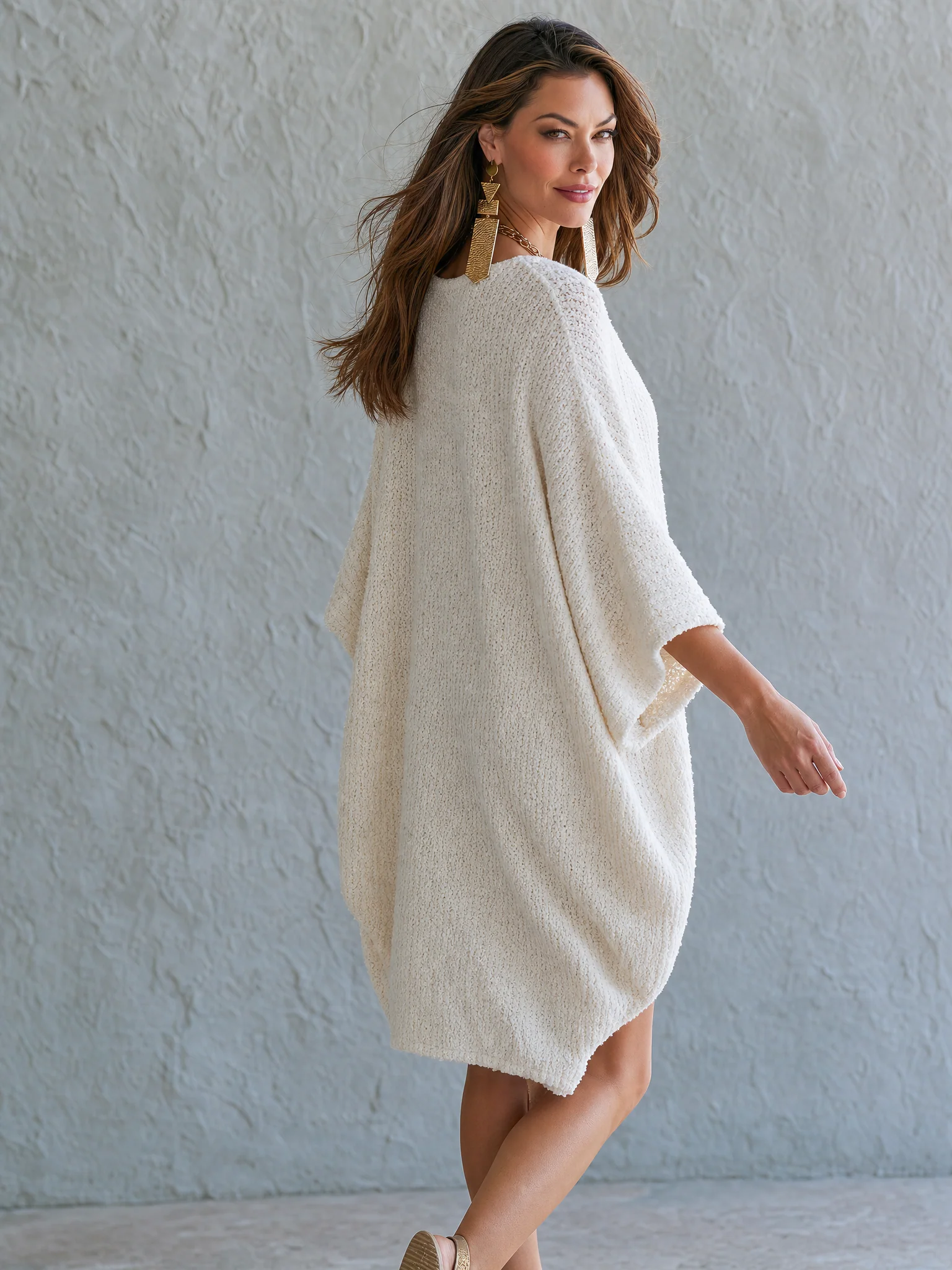 Effortless Chic Knit Deep-V Batwing Oversized Ivory Poncho Sweater - Image 4