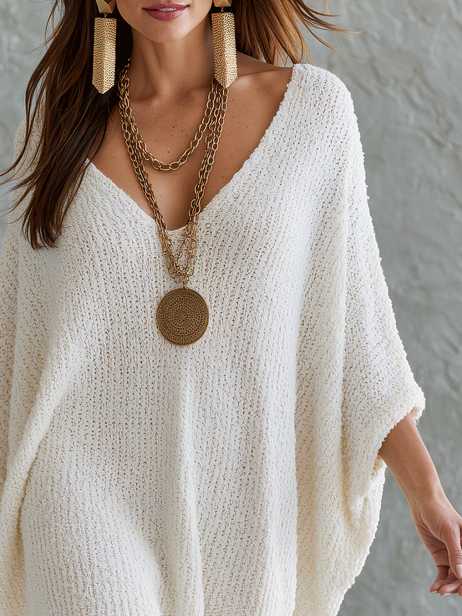 Effortless Chic Knit Deep-V Batwing Oversized Ivory Poncho Sweater - Image 6