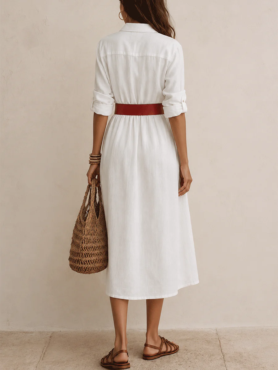 Effortless Chic Linen Belted Button-Front White Shirt Maxi Dress - Image 2