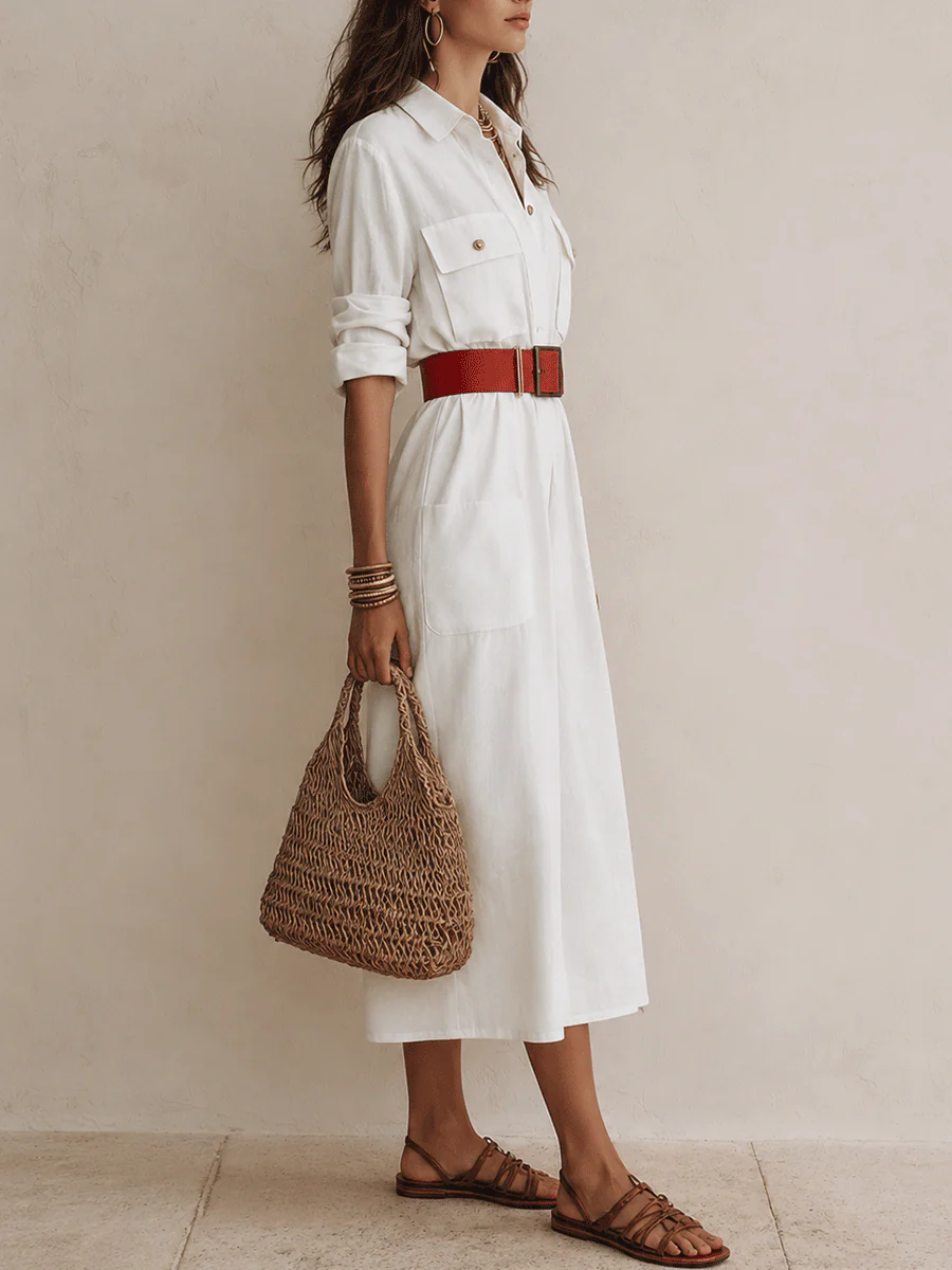 Effortless Chic Linen Belted Button-Front White Shirt Maxi Dress - Image 3