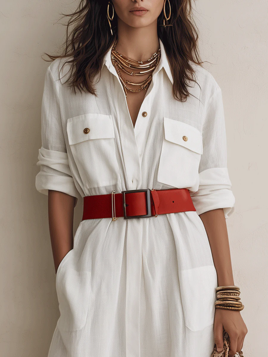 Effortless Chic Linen Belted Button-Front White Shirt Maxi Dress - Image 4