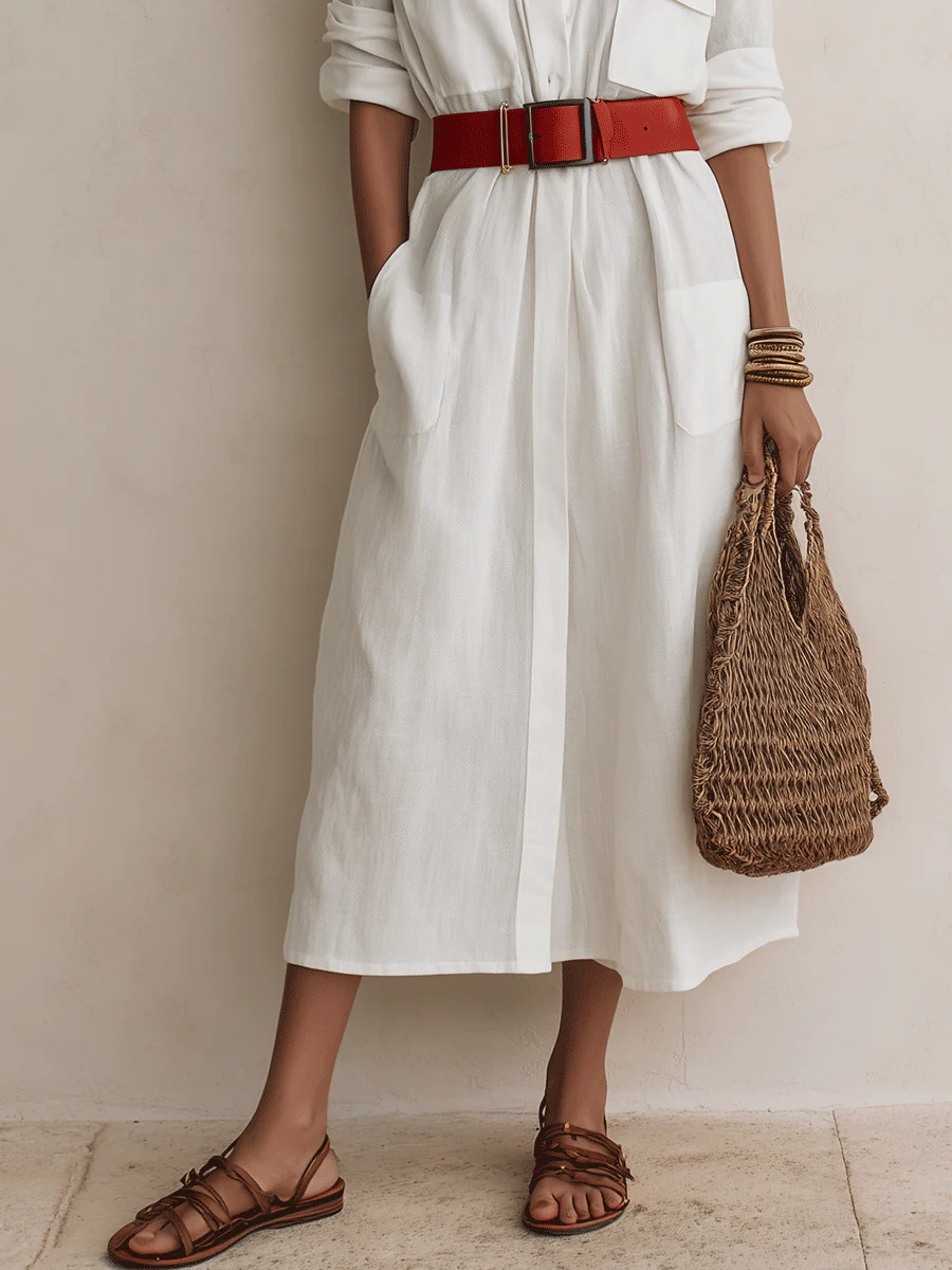 Effortless Chic Linen Belted Button-Front White Shirt Maxi Dress - Image 5