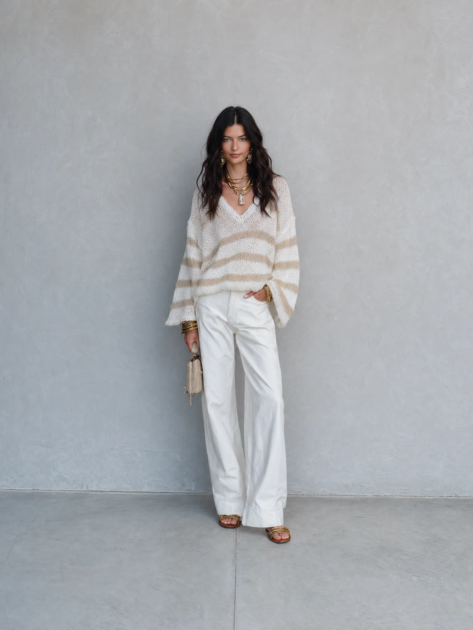 Effortless Chic Loose-Knit Drop-Shoulder Balloon-Sleeve Cream Striped Pullover - Image 4