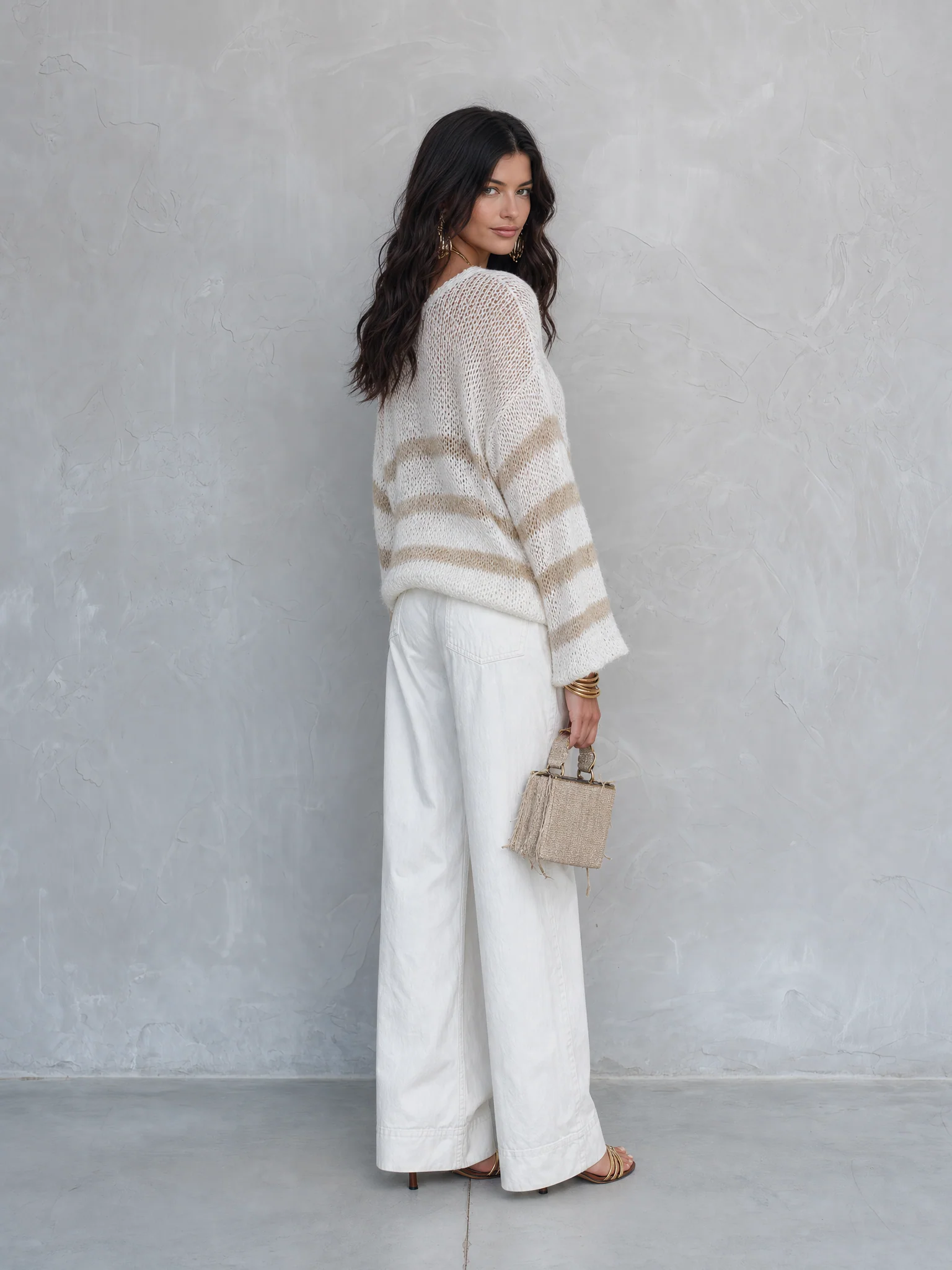 Effortless Chic Loose-Knit Drop-Shoulder Balloon-Sleeve Cream Striped Pullover - Image 5