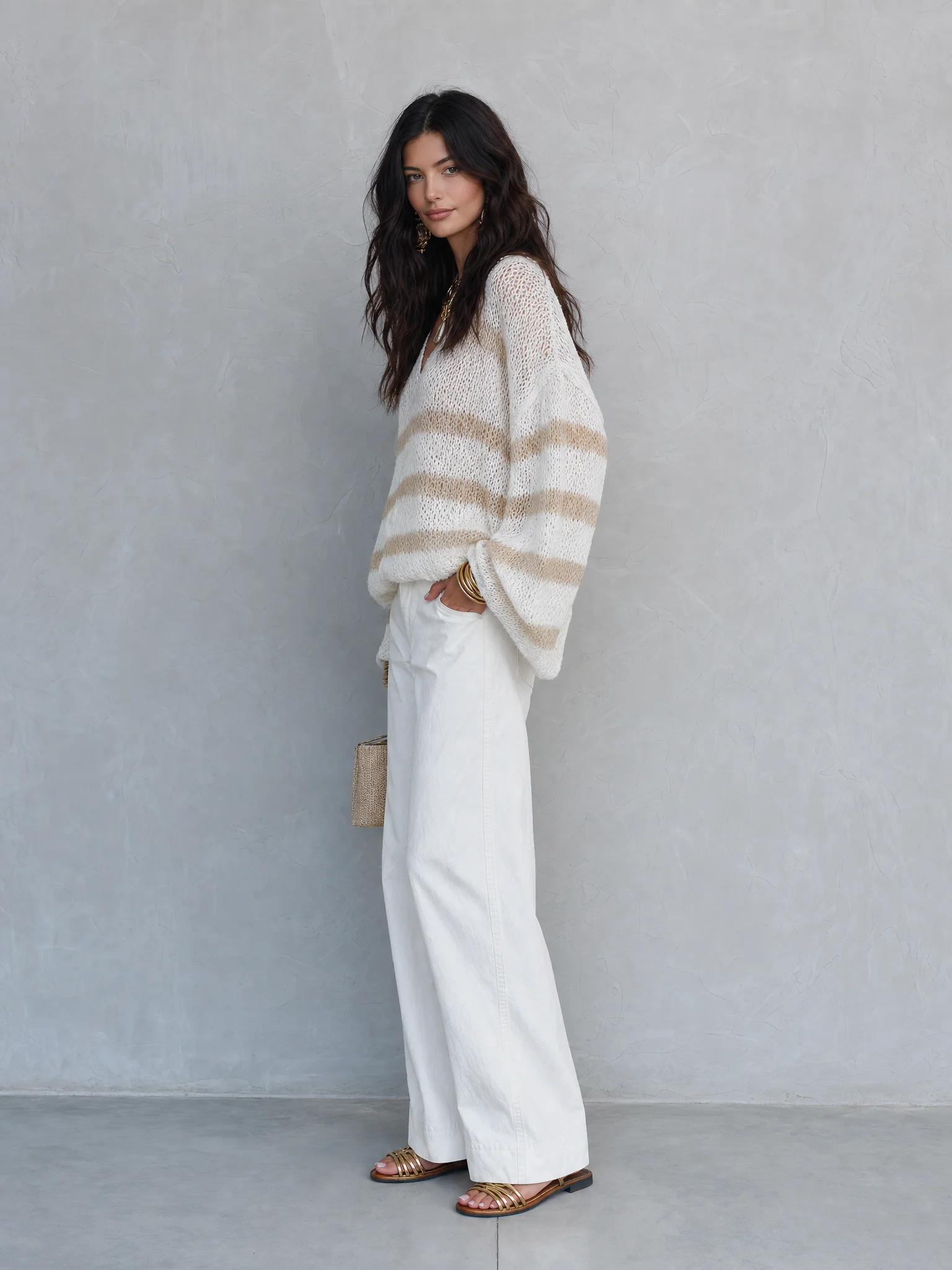 Effortless Chic Loose-Knit Drop-Shoulder Balloon-Sleeve Cream Striped Pullover - Image 6