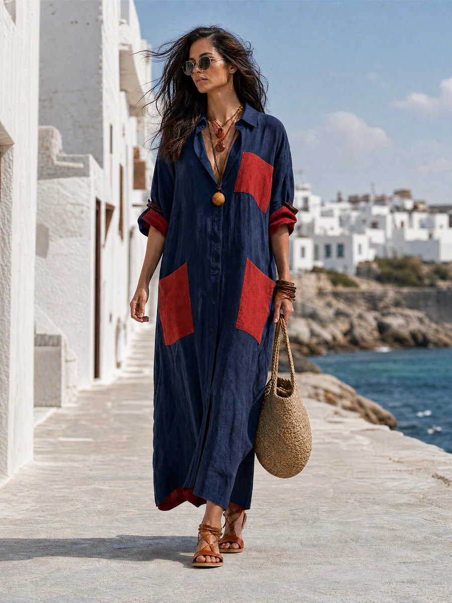 Effortless Chic Oversized Patch Pocket Midi Dress - Image 2