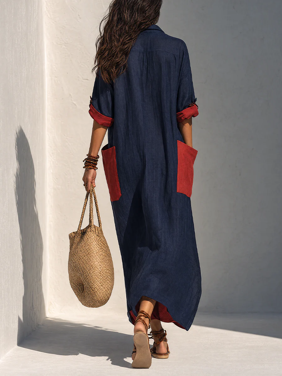 Effortless Chic Oversized Patch Pocket Midi Dress - Image 3
