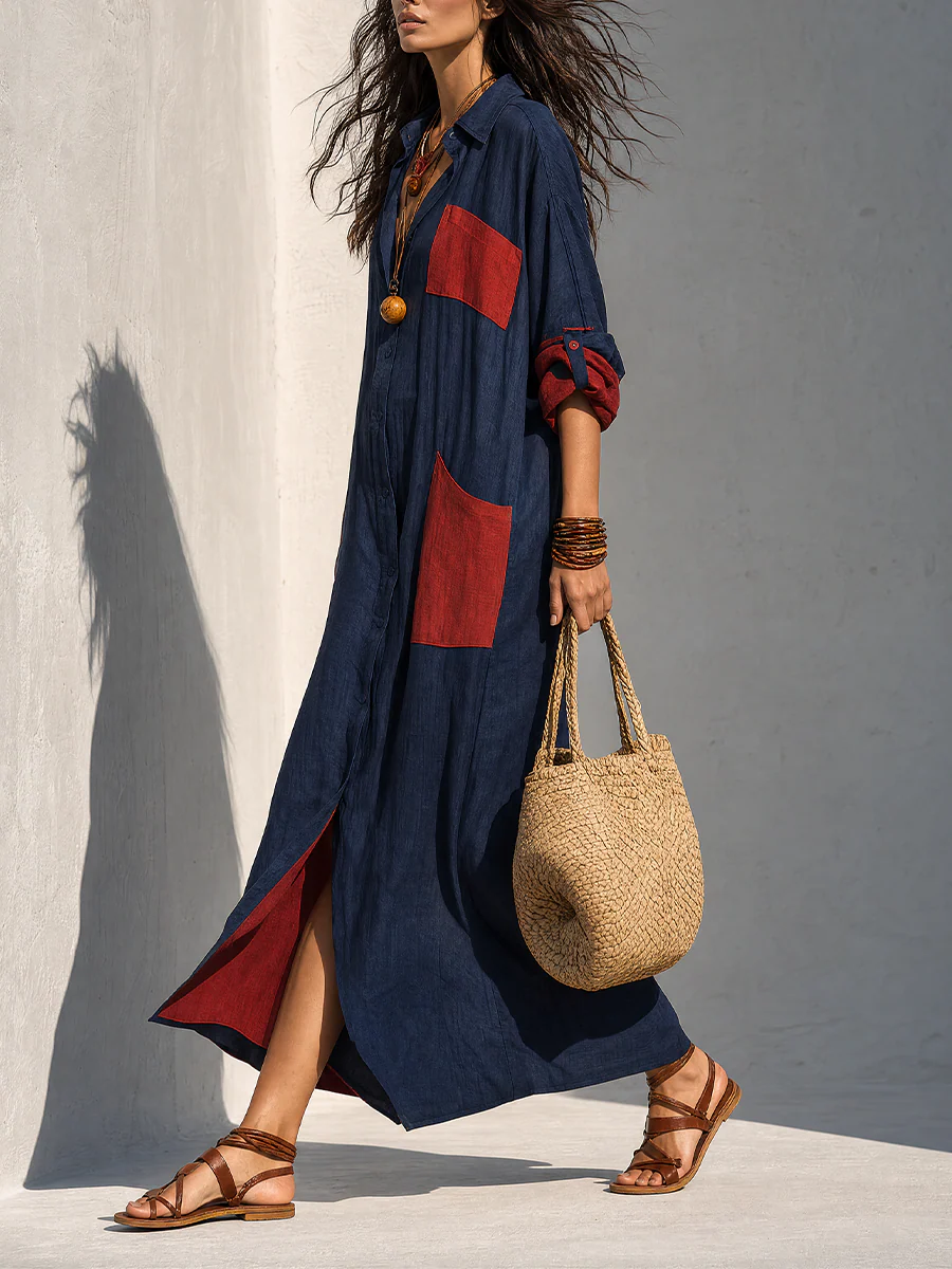 Effortless Chic Oversized Patch Pocket Midi Dress - Image 4