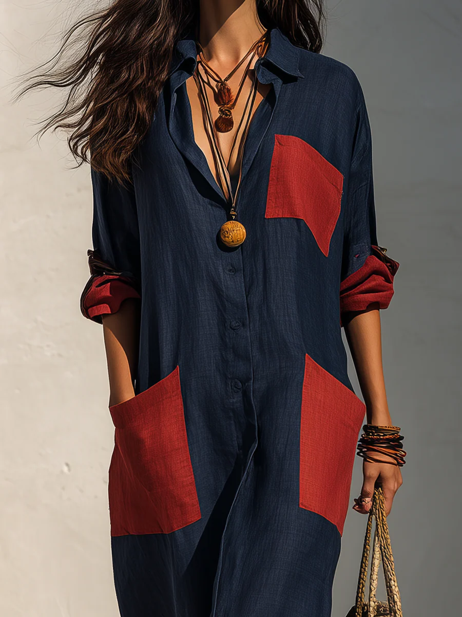 Effortless Chic Oversized Patch Pocket Midi Dress - Image 5