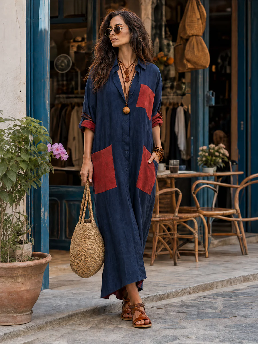 Effortless Chic Oversized Patch Pocket Midi Dress - Image 7