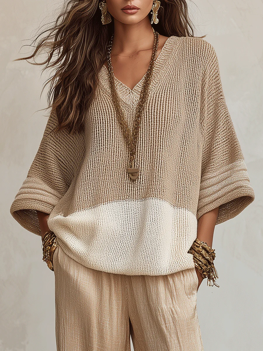 Effortless Chic Taupe Colorblock Knit Sweater & Ivory Wide-Leg Trouser Set - Image 3