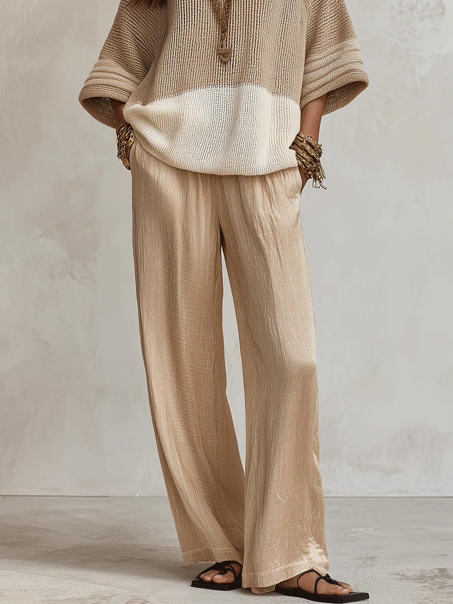 Effortless Chic Taupe Colorblock Knit Sweater & Ivory Wide-Leg Trouser Set - Image 4