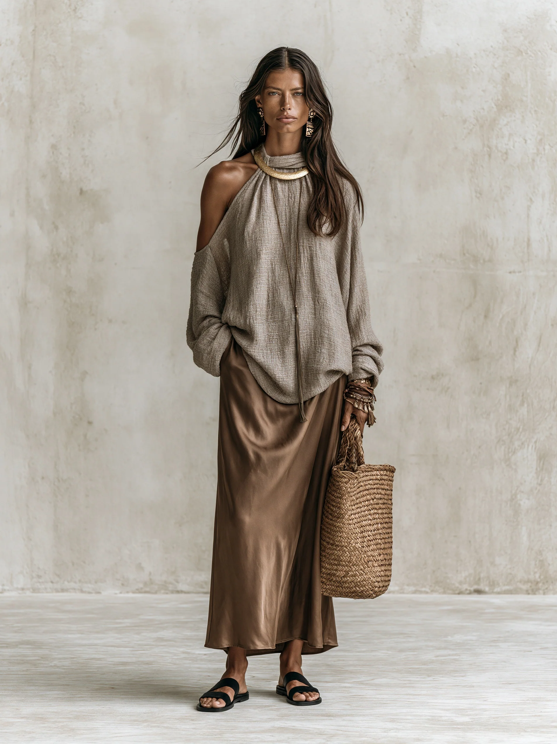 Effortless Chic Taupe Knit Sweater & Brown Satin Maxi Skirt Set - Image 2