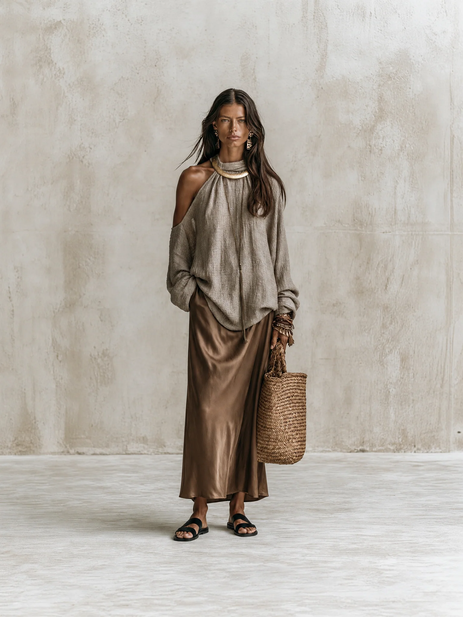 Effortless Chic Taupe Knit Sweater & Brown Satin Maxi Skirt Set - Image 3