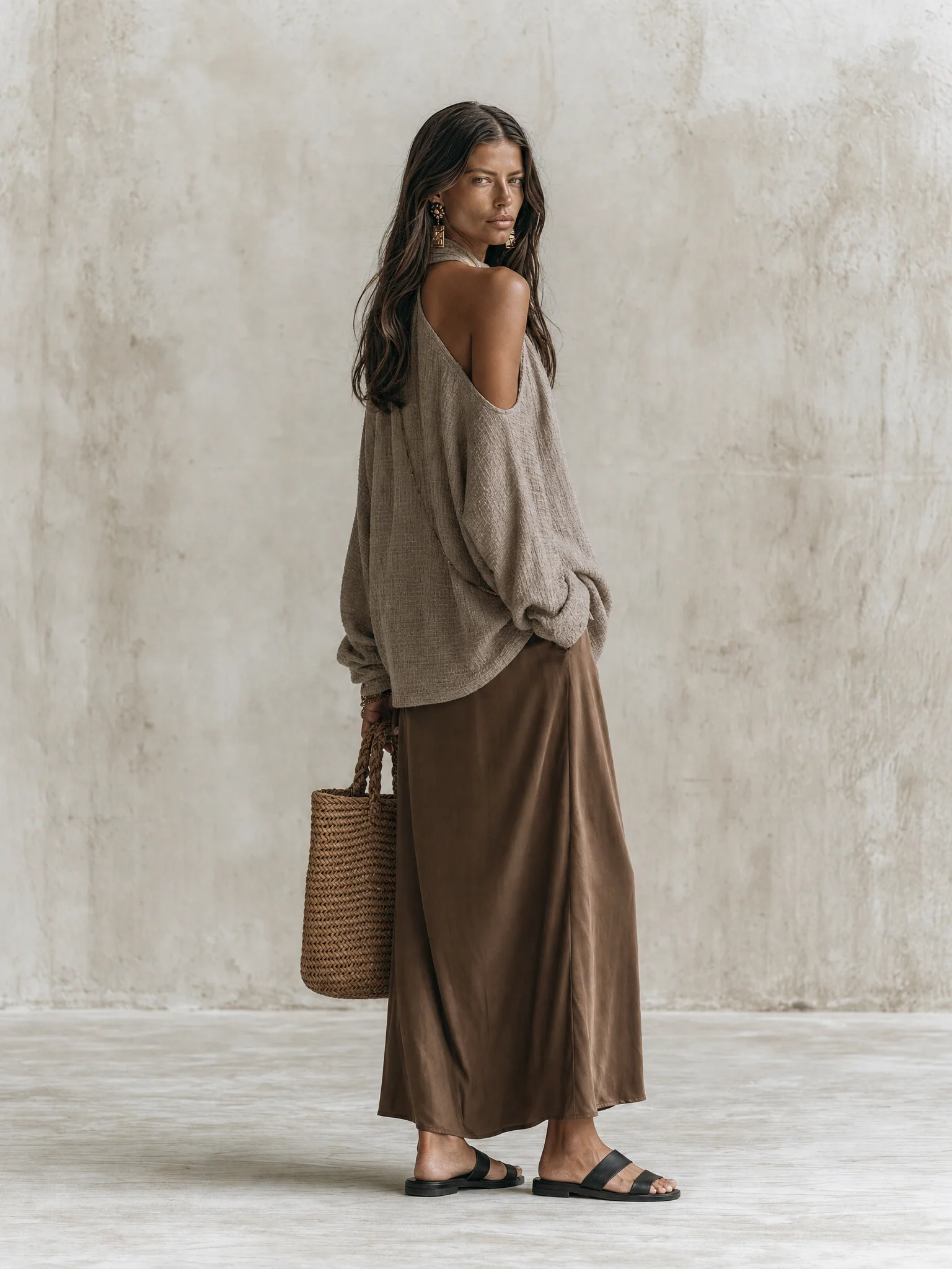 Effortless Chic Taupe Knit Sweater & Brown Satin Maxi Skirt Set - Image 4