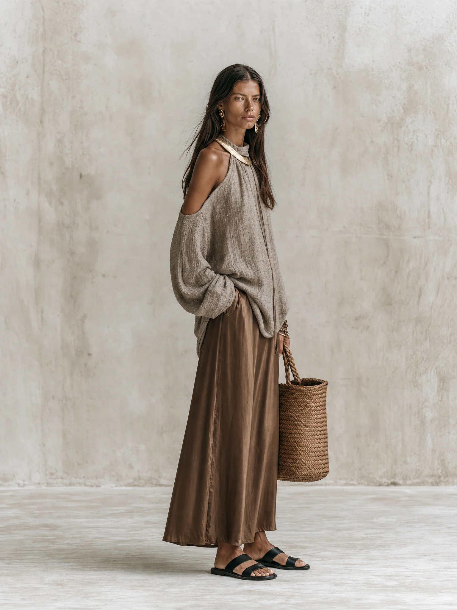 Effortless Chic Taupe Knit Sweater & Brown Satin Maxi Skirt Set - Image 5