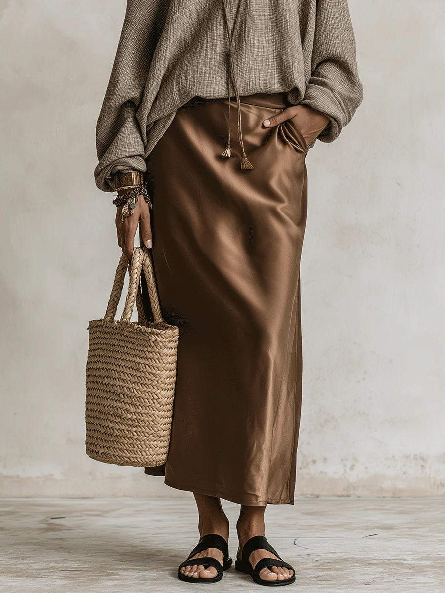 Effortless Chic Taupe Knit Sweater & Brown Satin Maxi Skirt Set - Image 7