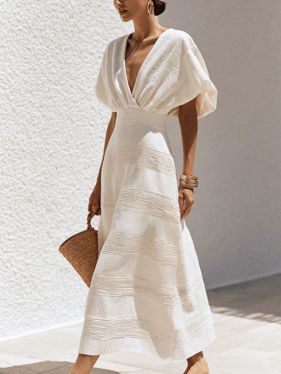 Effortless Chic Textured Cotton Deep-V Batwing White Maxi Dress - Image 2