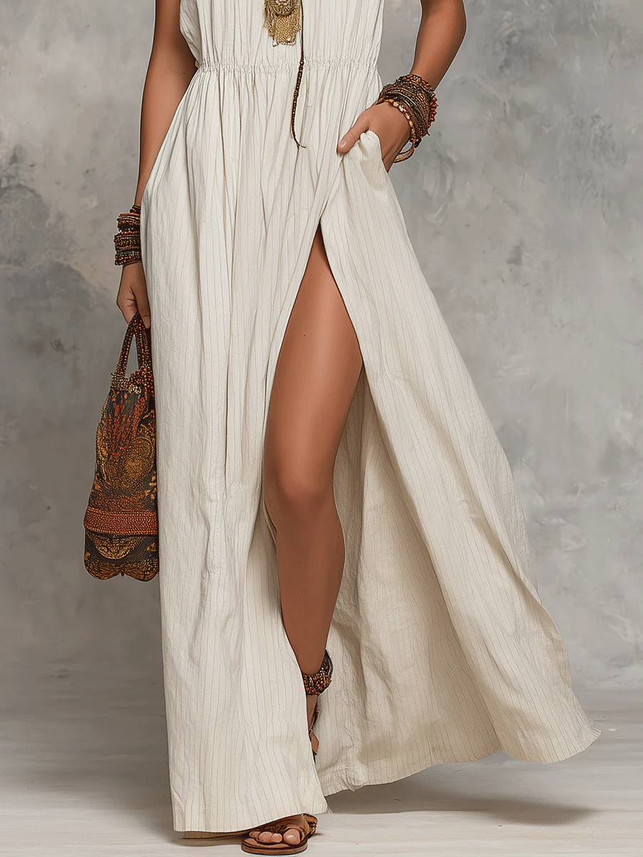Effortless Coastal Elegance Backless Linen Halter Maxi Dress - Image 3