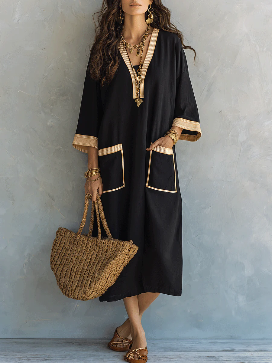 Effortless Coastal Elegance Black Tunic Pocket Detail Kaftan Midi Dress
