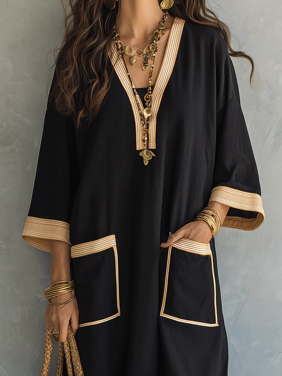 Effortless Coastal Elegance Black Tunic Pocket Detail Kaftan Midi Dress - Image 2