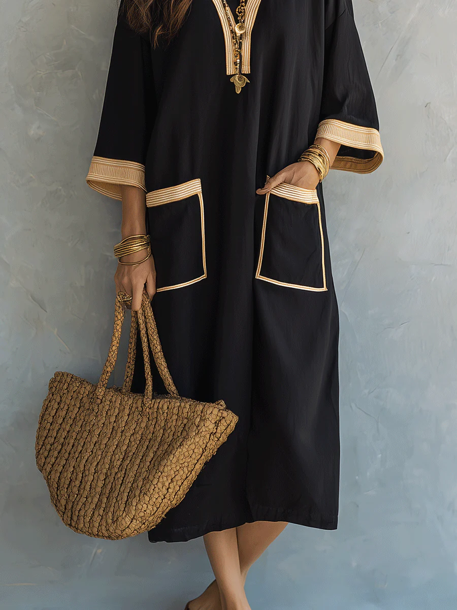 Effortless Coastal Elegance Black Tunic Pocket Detail Kaftan Midi Dress - Image 3