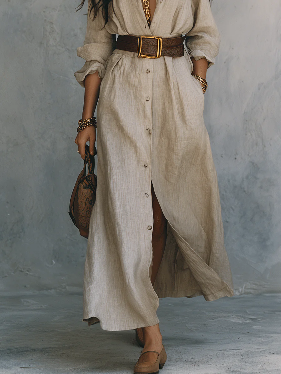 Effortless Coastal Elegance Button-Front Linen Waist Belt Shirt Maxi Dress - Image 3