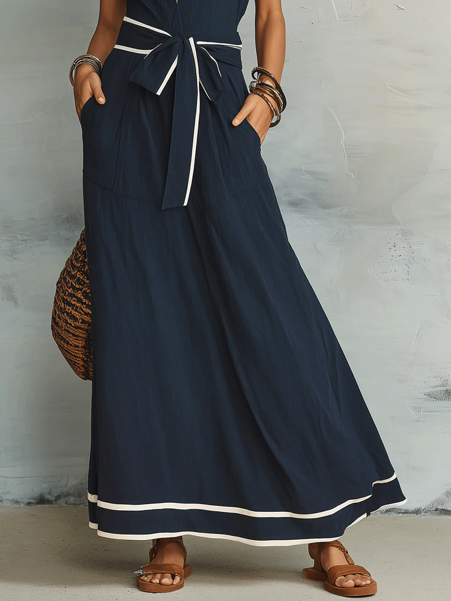 Effortless Coastal Elegance Contrast Collar Tie-Waist Maxi Dress - Image 3