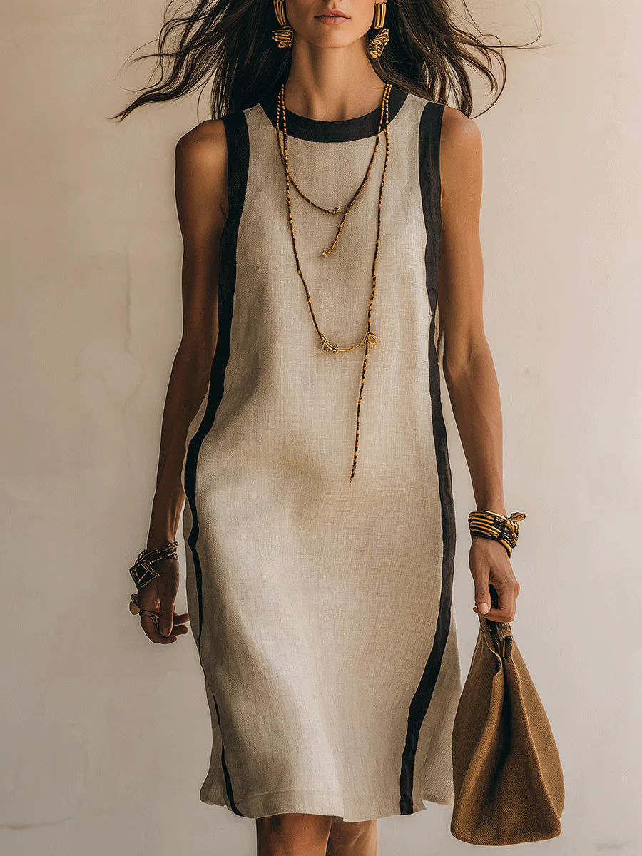 Effortless Coastal Elegance Flax Minimal Chic Black-Piped Shift Midi Dress